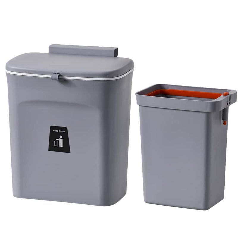 NEEMAY Kitchen Hanging Trash Can 9L with Built-In Trash Bin and Lid - Gray - Image 1