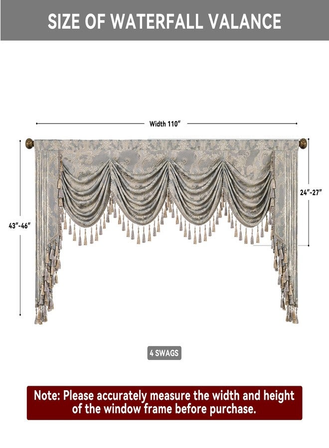 Loom and Mill Luxury Waterfall Valances for Windows, Jacquard Thick Swag Waterfall Curtains Valance with Tassels for Living Room, Bedroom Party Banquet Decorations (Grey, W110 Inch, 1 Panel) - Image 3