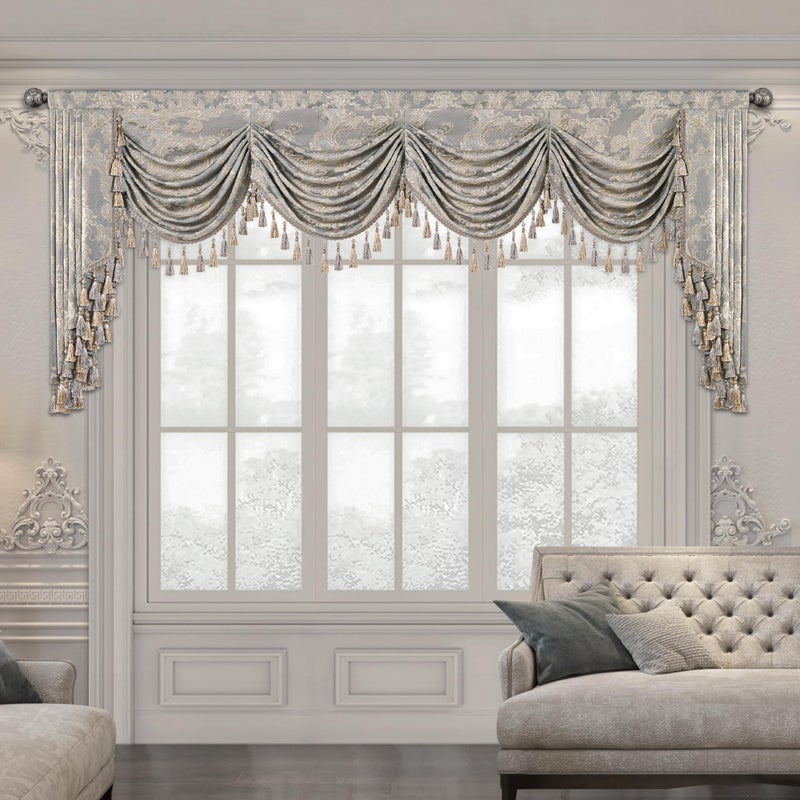 Loom and Mill Luxury Waterfall Valances for Windows, Jacquard Thick Swag Waterfall Curtains Valance with Tassels for Living Room, Bedroom Party Banquet Decorations (Grey, W110 Inch, 1 Panel) - Image 1