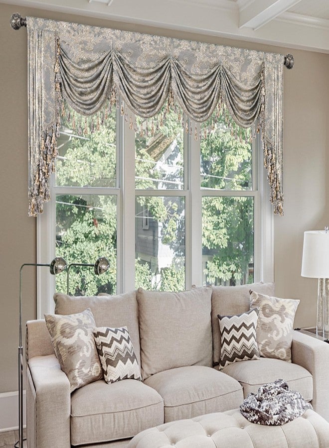 Loom and Mill Luxury Waterfall Valances for Windows, Jacquard Thick Swag Waterfall Curtains Valance with Tassels for Living Room, Bedroom Party Banquet Decorations (Grey, W110 Inch, 1 Panel) - Image 2