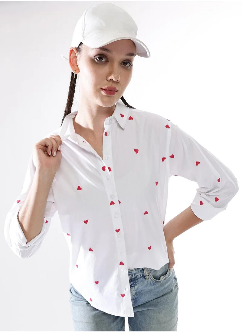Hubberholme Women's Multicoloured 100% Cotton Embroidered Button Down Oversized Shirt