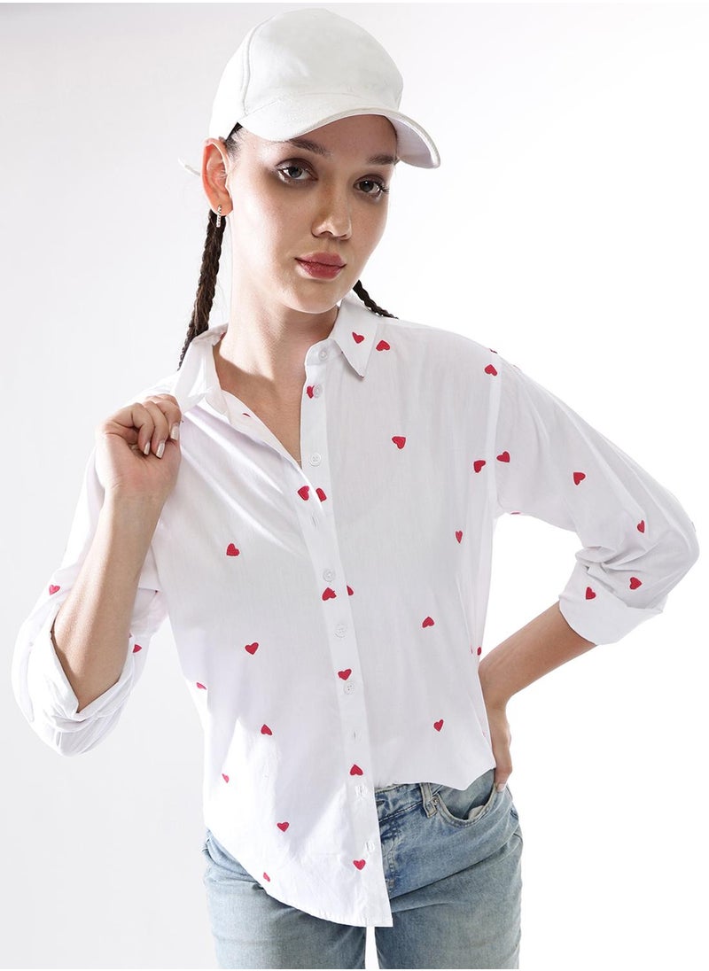 Hubberholme Women Comfort Heart Shape Oversized Embroidered Casual Shirt  - Image 1