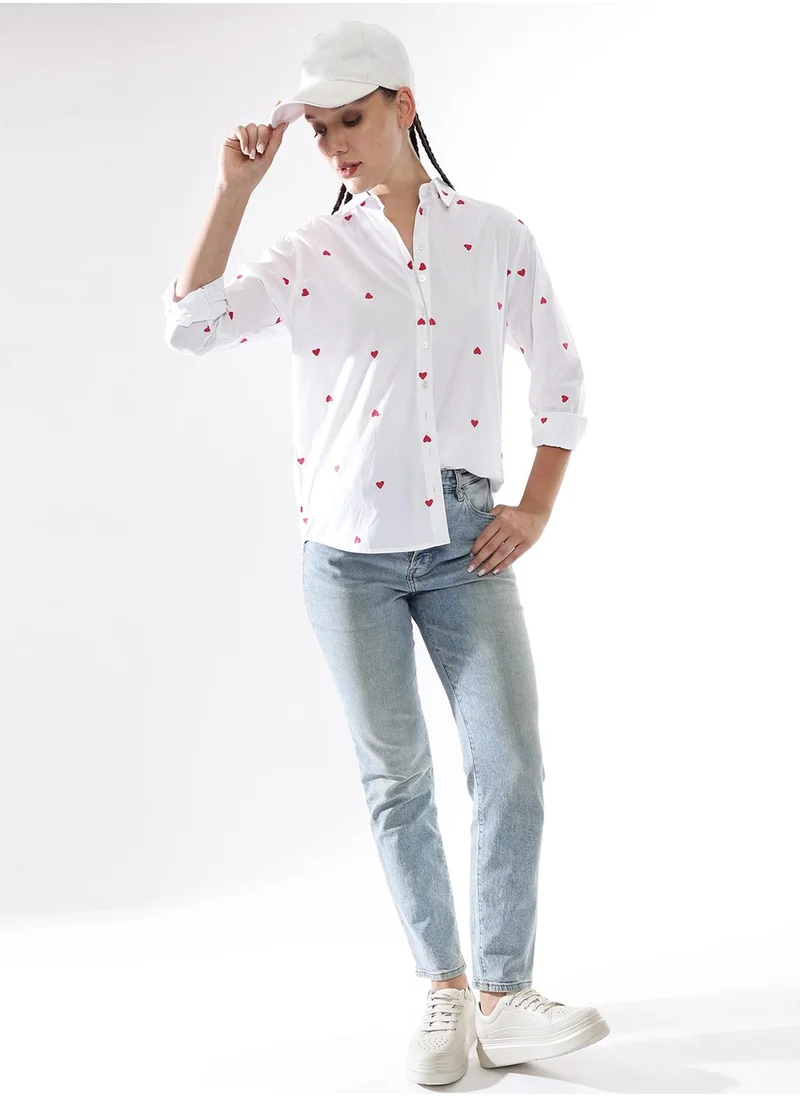 Hubberholme Women's Multicoloured 100% Cotton Embroidered Button Down Oversized Shirt