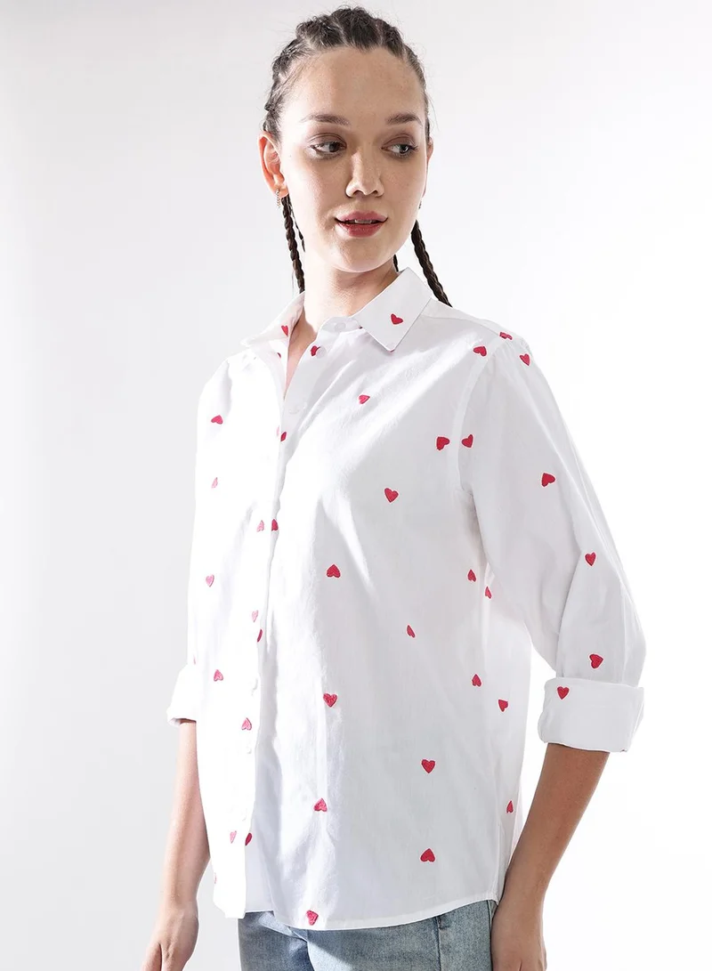Hubberholme Women Comfort Heart Shape Oversized Embroidered Casual Shirt