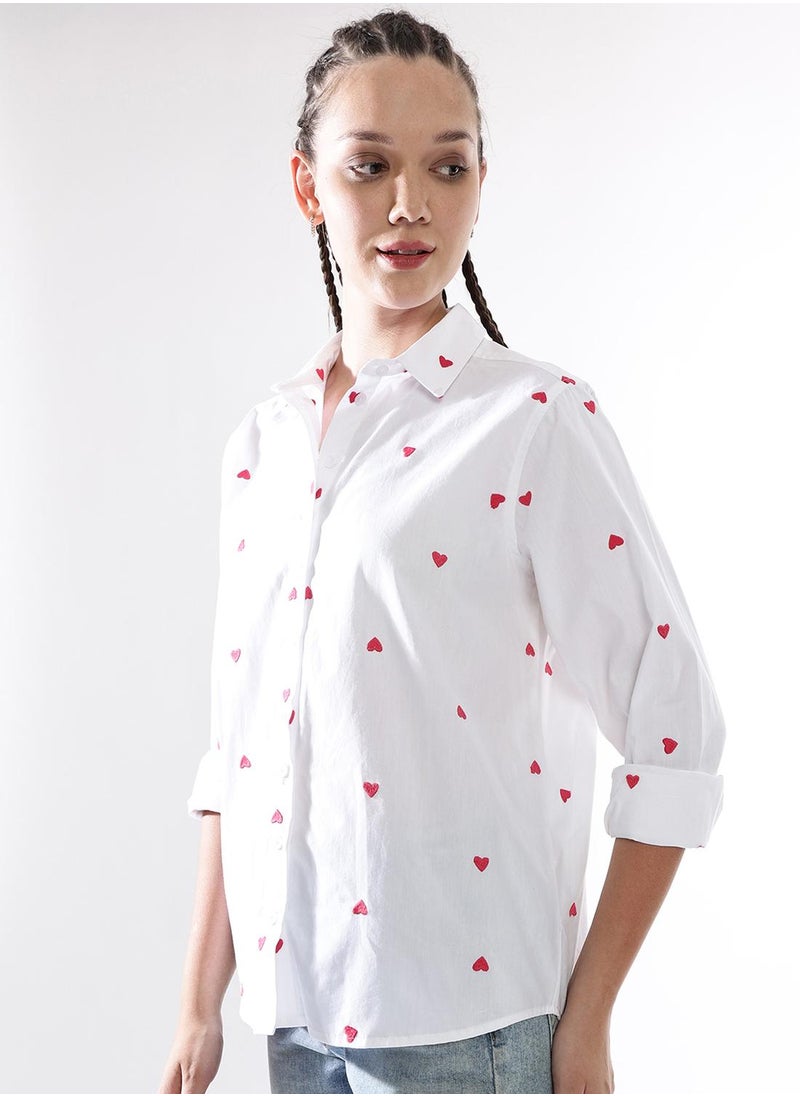 Hubberholme Women Comfort Heart Shape Oversized Embroidered Casual Shirt  - Image 5
