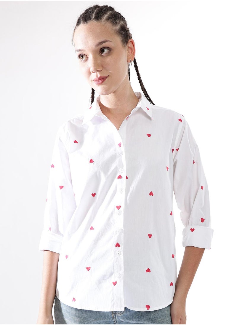 Hubberholme Women Comfort Heart Shape Oversized Embroidered Casual Shirt  - Image 3
