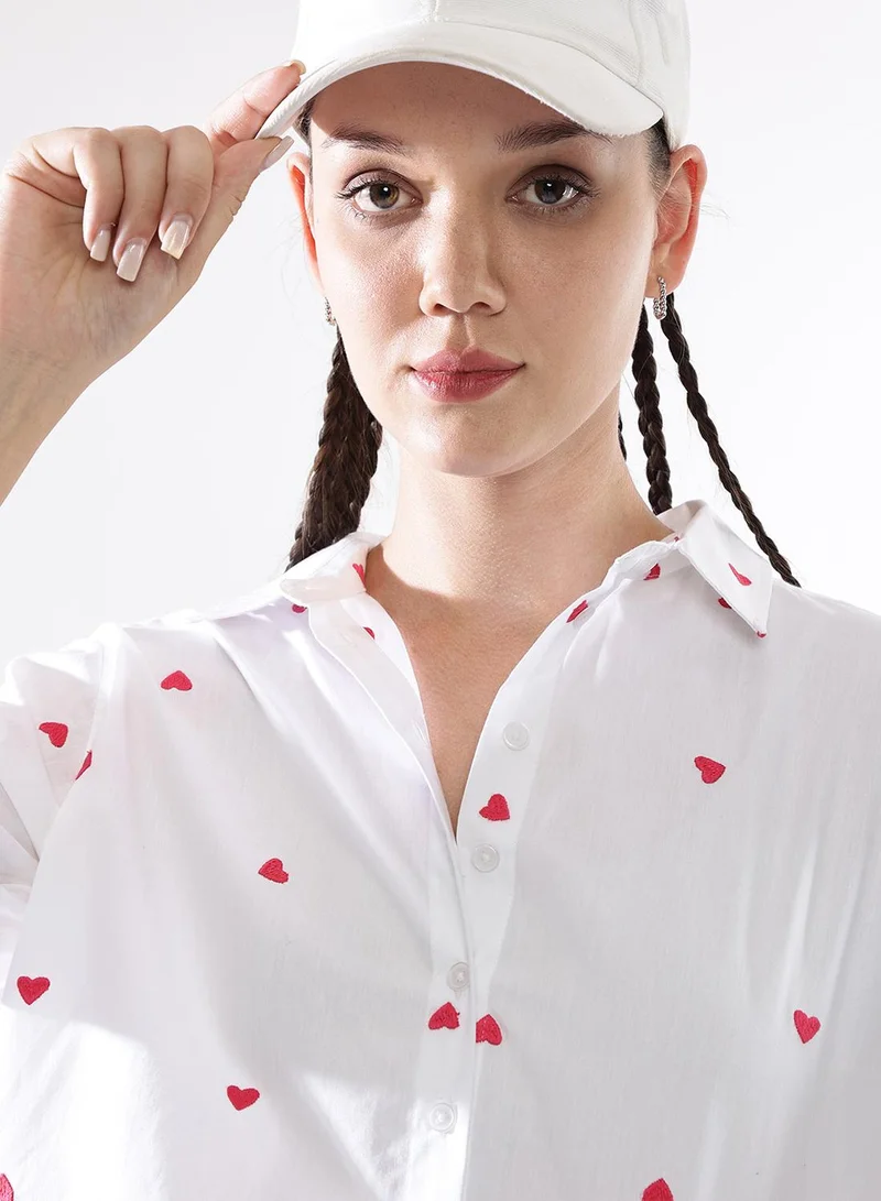 Hubberholme Women Comfort Heart Shape Oversized Embroidered Casual Shirt