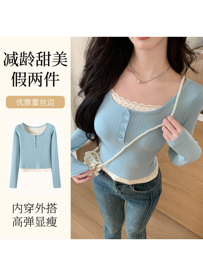 Modal Sweet Lace Long-Sleeved Style Top For Women, Slim-Fit Layering T-Shirt, Ladies' Base Layer - Image 2