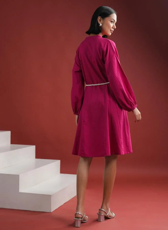sanskrutihomes Sanskrutihomes Women Pink Solid Collared Cotton A-Line Knee Length Dress