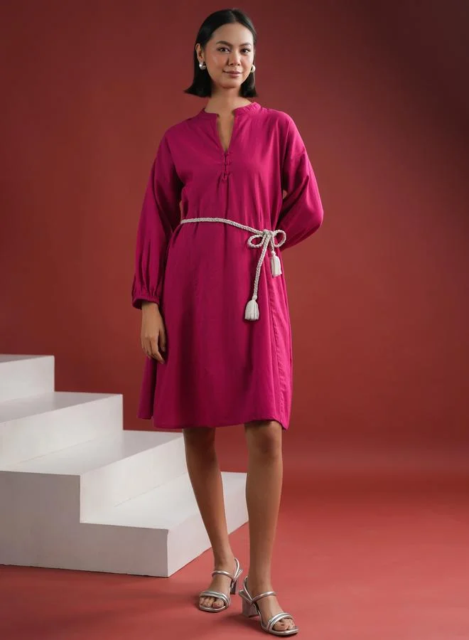 sanskrutihomes Sanskrutihomes Women Pink Solid Collared Cotton A-Line Knee Length Dress