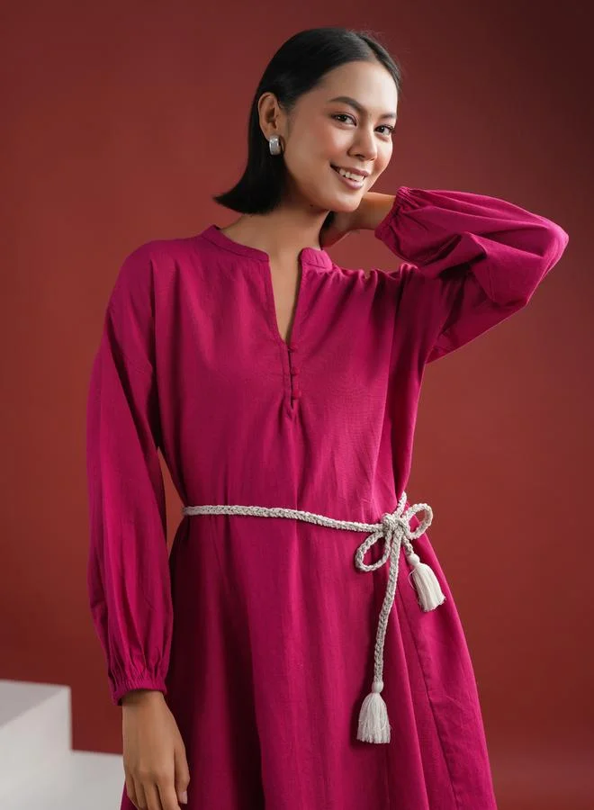 sanskrutihomes Sanskrutihomes Women Pink Solid Collared Cotton A-Line Knee Length Dress