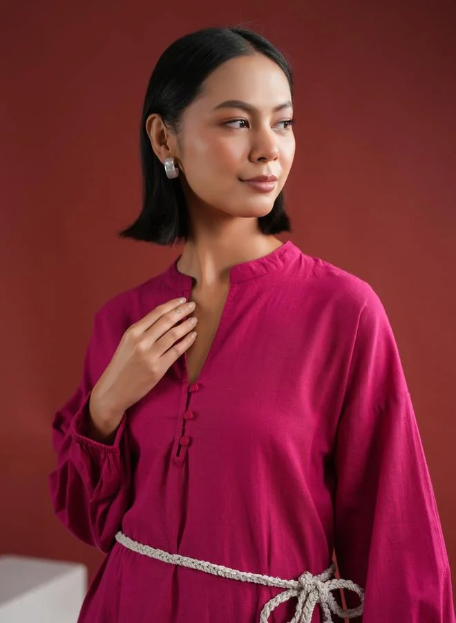 sanskrutihomes Sanskrutihomes Women Pink Solid Collared Cotton A-Line Knee Length Dress