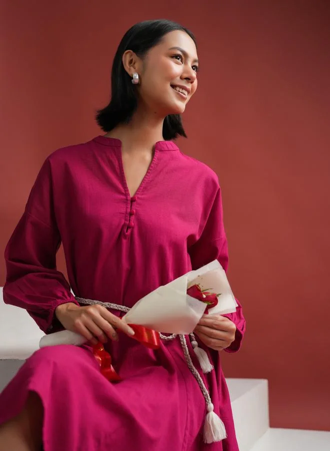 sanskrutihomes Sanskrutihomes Women Pink Solid Collared Cotton A-Line Knee Length Dress