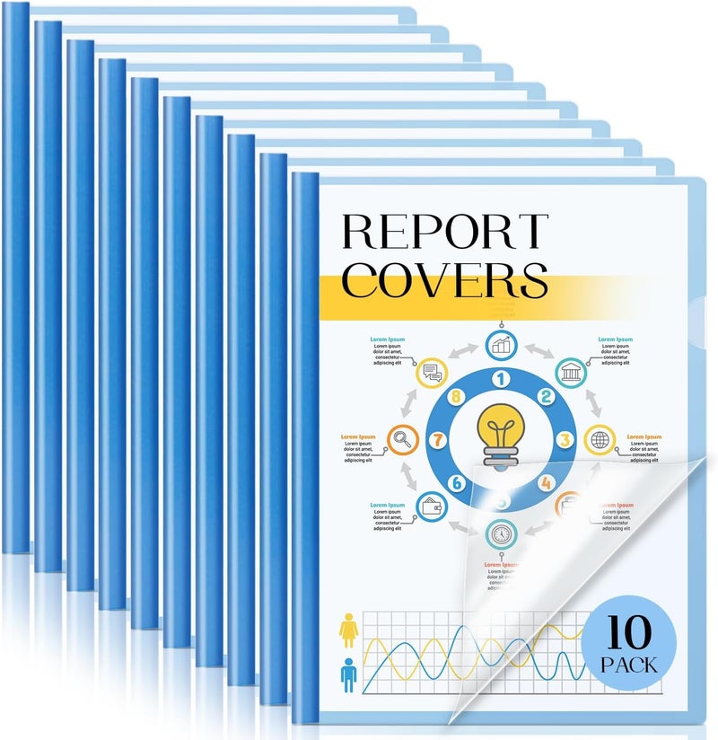 ديلي مجموعة من 10 أغلفة تقارير شفافة بشريط منزلق، مجلدات ملفات عرض سيرة ذاتية شفافة، منظم ومجلد للورق مقاس A4، أزرق - Image 1