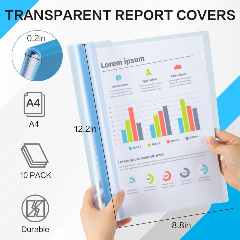 ديلي مجموعة من 10 أغلفة تقارير شفافة بشريط منزلق، مجلدات ملفات عرض سيرة ذاتية شفافة، منظم ومجلد للورق مقاس A4، أزرق - Image 2