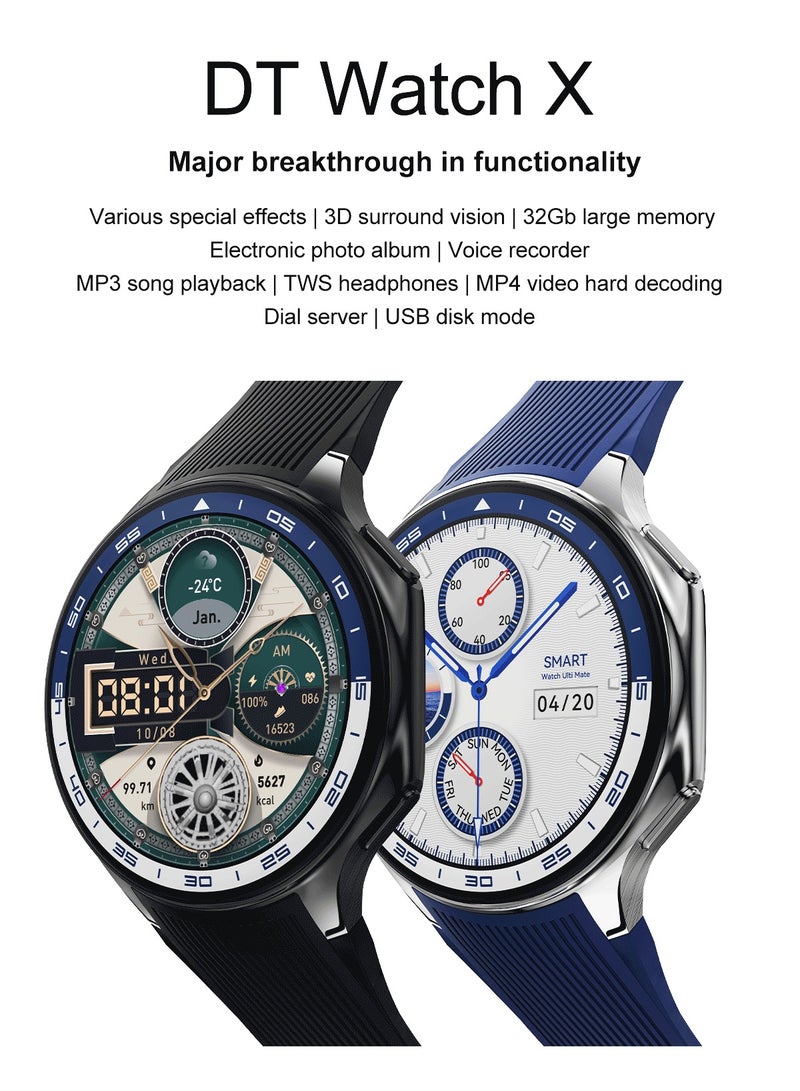 RollsTimi  Men's Bluetooth Smart Watch, 1.43-Inch Full-Screen Touch, Long Battery Life, Sports Mode, Heart Rate and Sleep Monitoring, Language Selection and Other Functions, DT Watch X Silver Steel Band. - Image 2