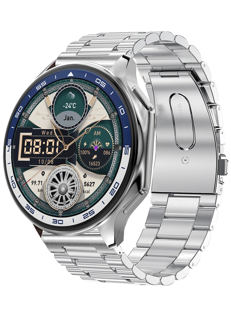 رولستيمي ساعة ذكية تعمل بالبلوتوث للرجال ، تعمل باللمس بملء الشاشة مقاس 1.43 بوصة ، وعمر بطارية طويل ، ووضع رياضي ، ومعدل ضربات القلب ومراقبة النوم ، واختيار اللغة ووظائف أخرى ، وساعة دي تي س سوار فولاذي فضي. - Image 1