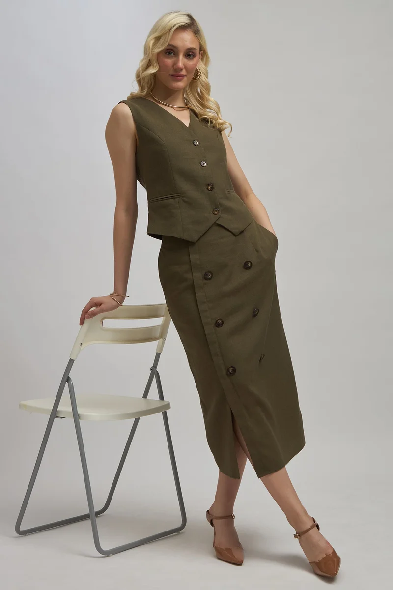 Virgio Solid Linen Double Breasted Slit Midi Skirt for Women