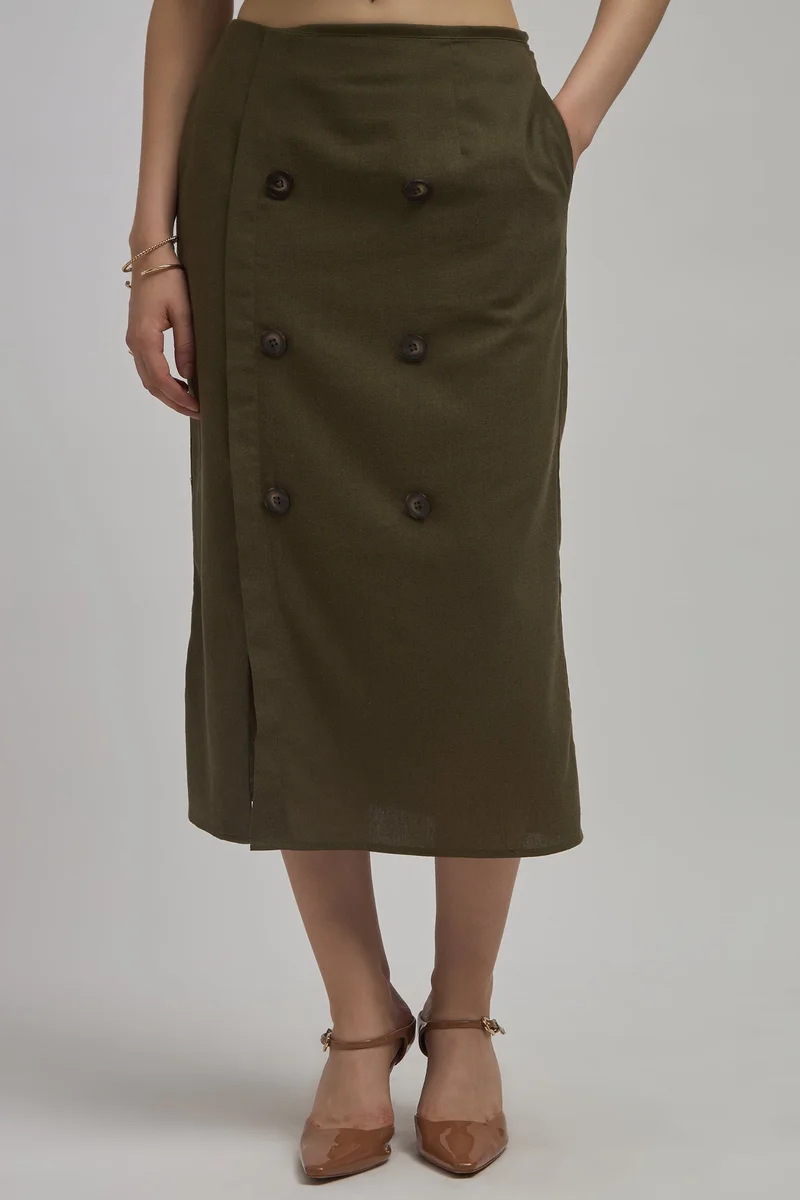 Virgio Solid Linen Double Breasted Slit Midi Skirt for Women