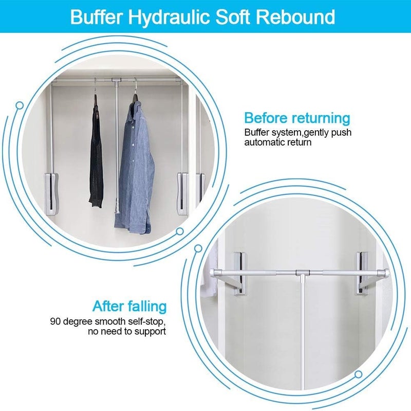 woobles Pull Down Closet Rod Wardrobe Clothes Hanger Rail Lift Closet System Storage Organizer Soft Close Aluminium Garment Hanging Rack for Soft Return Space Saving (Adjustable Width 23.62-33.86inch)- - Image 5