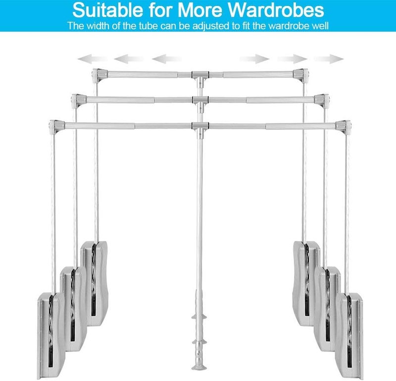 woobles Pull Down Closet Rod Wardrobe Clothes Hanger Rail Lift Closet System Storage Organizer Soft Close Aluminium Garment Hanging Rack for Soft Return Space Saving (Adjustable Width 23.62-33.86inch)- - Image 2