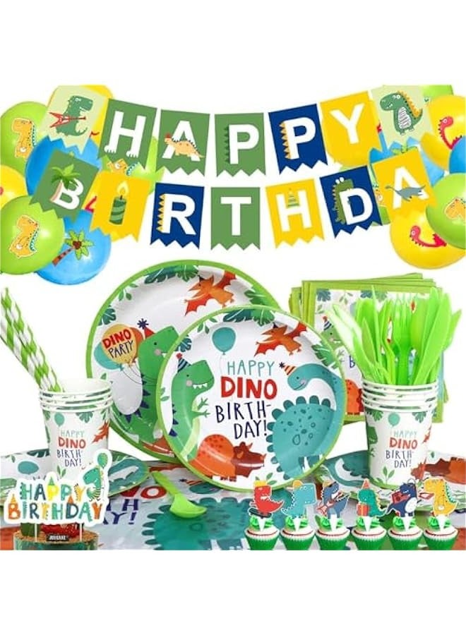 TRASSLE 129 Pcs Dinosaur Birthday Party Supplies Dinosaur Party Decorations Include Dino Paper Plates Cups Napkins Banner Straws Cutlery Tablecloth Cake Cupcake Toppers for Kids Boys Girls - Image 1