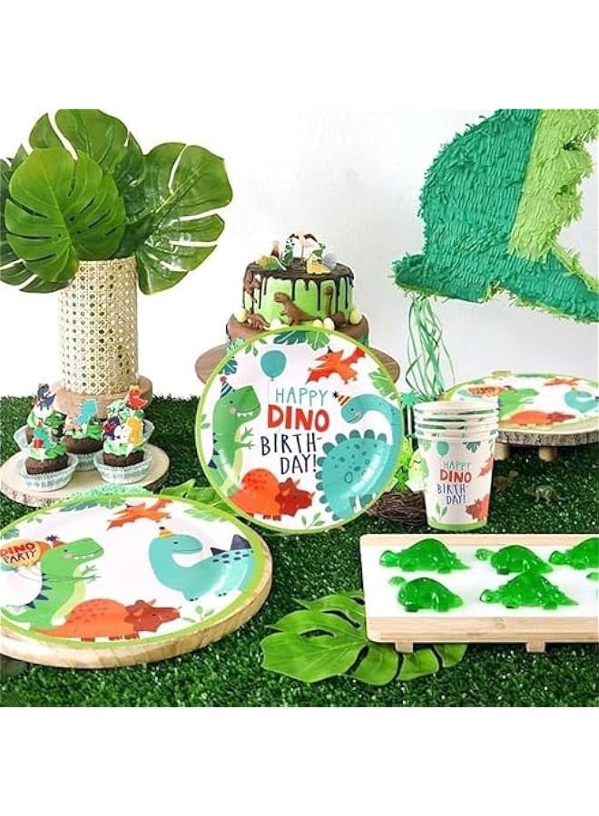 TRASSLE 129 Pcs Dinosaur Birthday Party Supplies Dinosaur Party Decorations Include Dino Paper Plates Cups Napkins Banner Straws Cutlery Tablecloth Cake Cupcake Toppers for Kids Boys Girls - Image 2