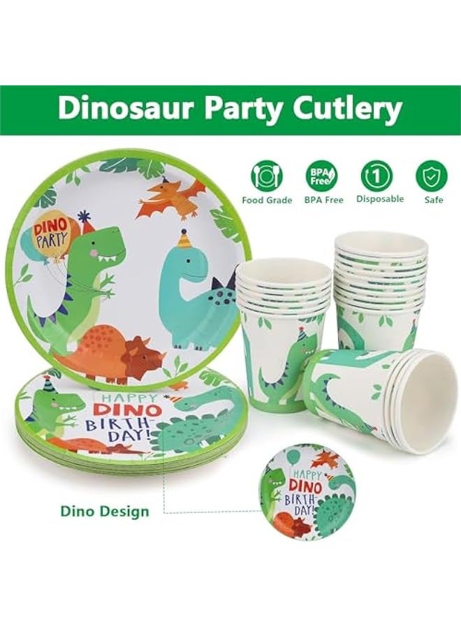 TRASSLE 129 Pcs Dinosaur Birthday Party Supplies Dinosaur Party Decorations Include Dino Paper Plates Cups Napkins Banner Straws Cutlery Tablecloth Cake Cupcake Toppers for Kids Boys Girls - Image 3