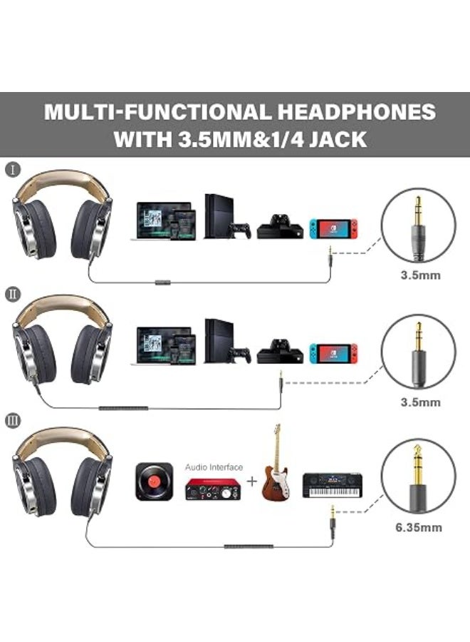 OneOdio Over-Ear Wired Bass Headphones - 50mm Drivers, Foldable Lightweight Headset with SharePort, Mic, Dual 3.5mm/6.35mm Jacks for Studio Monitoring, Recording, Mixing, Podcasting & DJ Use - Grey - Image 2