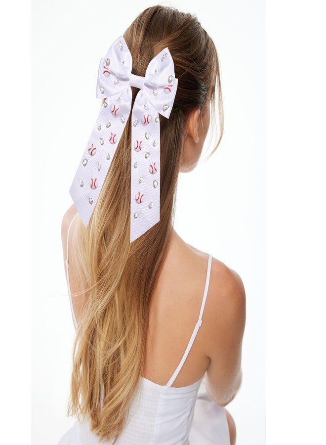 NVENF Baseball Bows Accessories for Women Softball Hair Bows Jeweled Rhinestone Hair Bow Clips Large Baseball Hair Ribbons Sports Game Day Accessories Baseball Mom Accessories Outfits Gifts (White 1) - Image 2