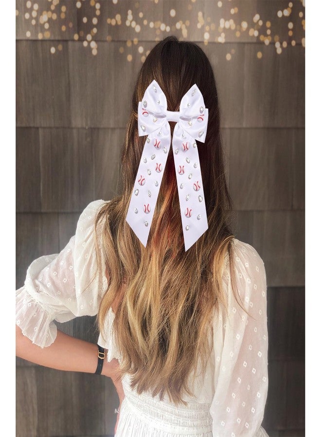 NVENF Baseball Bows Accessories for Women Softball Hair Bows Jeweled Rhinestone Hair Bow Clips Large Baseball Hair Ribbons Sports Game Day Accessories Baseball Mom Accessories Outfits Gifts (White 1) - Image 3