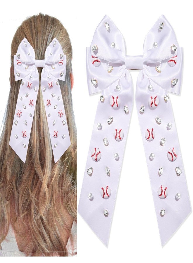 NVENF Baseball Bows Accessories for Women Softball Hair Bows Jeweled Rhinestone Hair Bow Clips Large Baseball Hair Ribbons Sports Game Day Accessories Baseball Mom Accessories Outfits Gifts (White 1) - Image 1