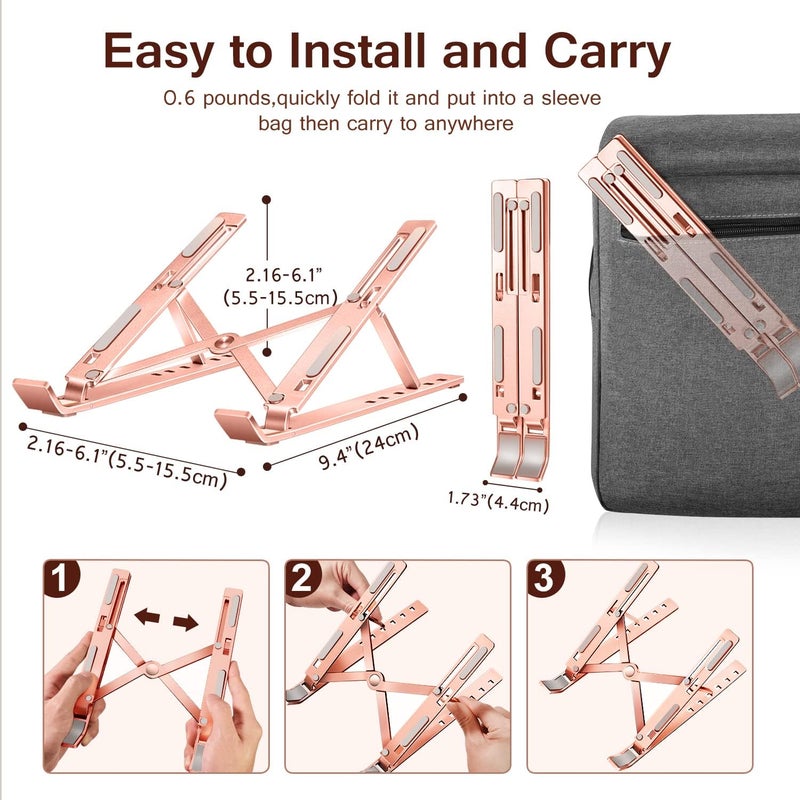 ivoler حامل لابتوب، حامل لابتوب قابل للتعديل، حامل كمبيوتر لوحي، 6 زوايا قابلة للتعديل، مصنوع من الألمنيوم، تصميم مريح وقابل للطي، حامل مكتبي محمول متوافق مع MacBook و iPad و HP و Dell 10-15.6 بوصة، لون وردي ذهبي - Image 5