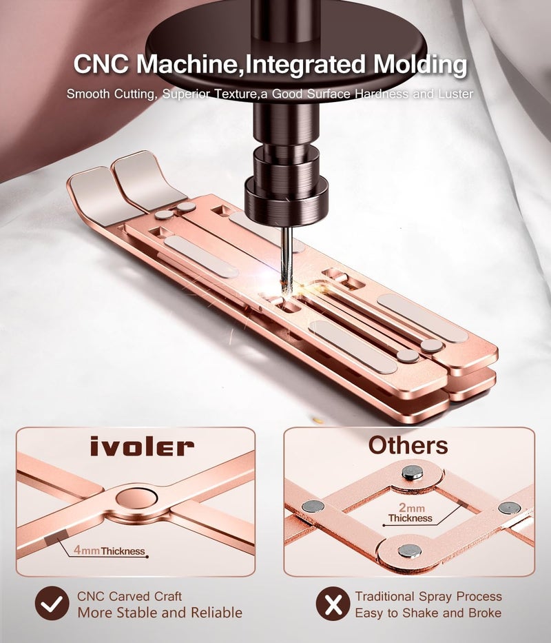 ivoler حامل لابتوب، حامل لابتوب قابل للتعديل، حامل كمبيوتر لوحي، 6 زوايا قابلة للتعديل، مصنوع من الألمنيوم، تصميم مريح وقابل للطي، حامل مكتبي محمول متوافق مع MacBook و iPad و HP و Dell 10-15.6 بوصة، لون وردي ذهبي - Image 2