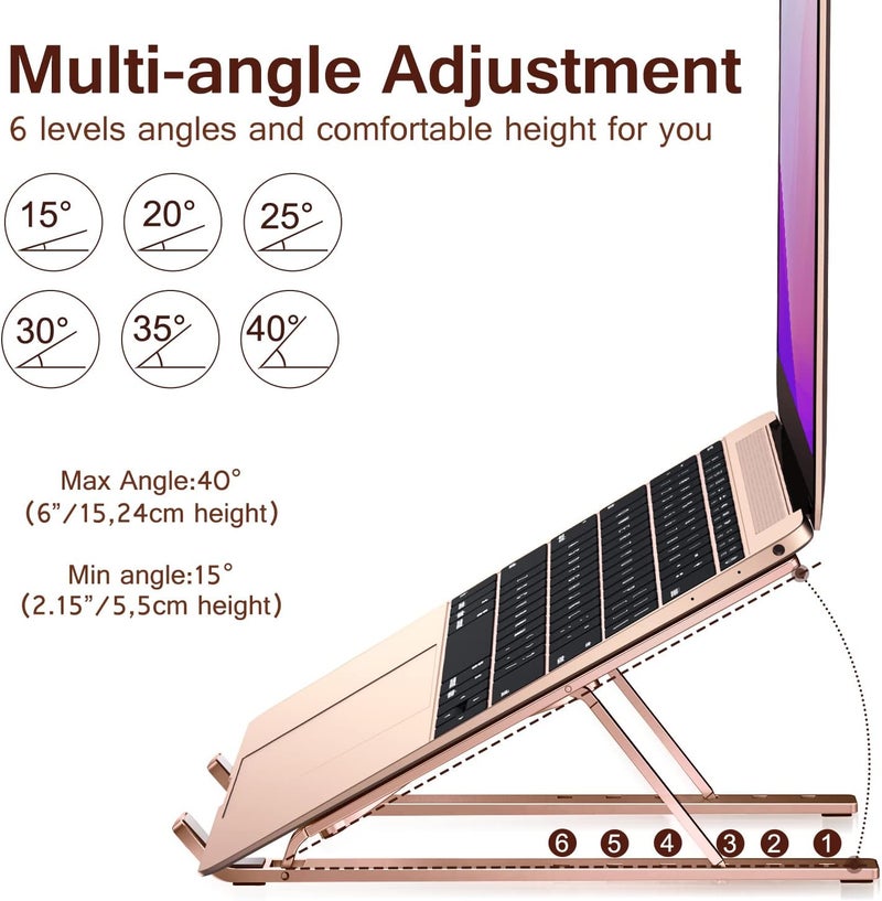 ivoler حامل لابتوب، حامل لابتوب قابل للتعديل، حامل كمبيوتر لوحي، 6 زوايا قابلة للتعديل، مصنوع من الألمنيوم، تصميم مريح وقابل للطي، حامل مكتبي محمول متوافق مع MacBook و iPad و HP و Dell 10-15.6 بوصة، لون وردي ذهبي - Image 4