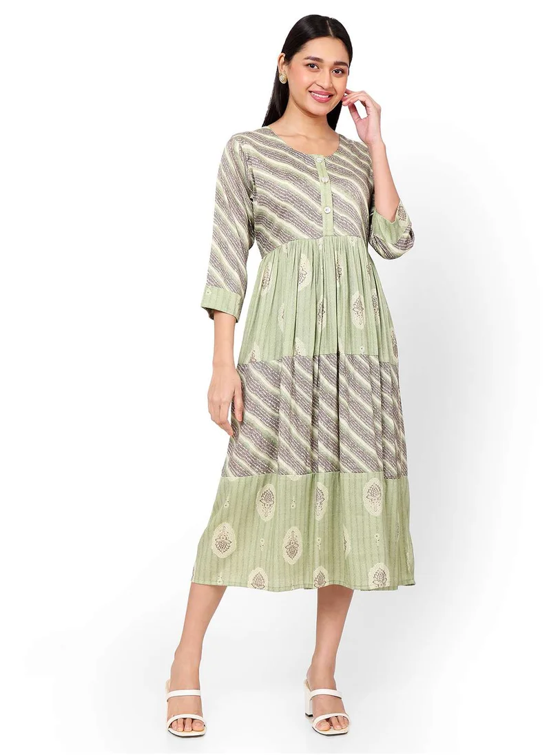 هانا آند سارا FLORAL AND STRIP PRINTED FRONT STYLED BUTTONED ARABIC KAFTAN JALABIYA DRESS