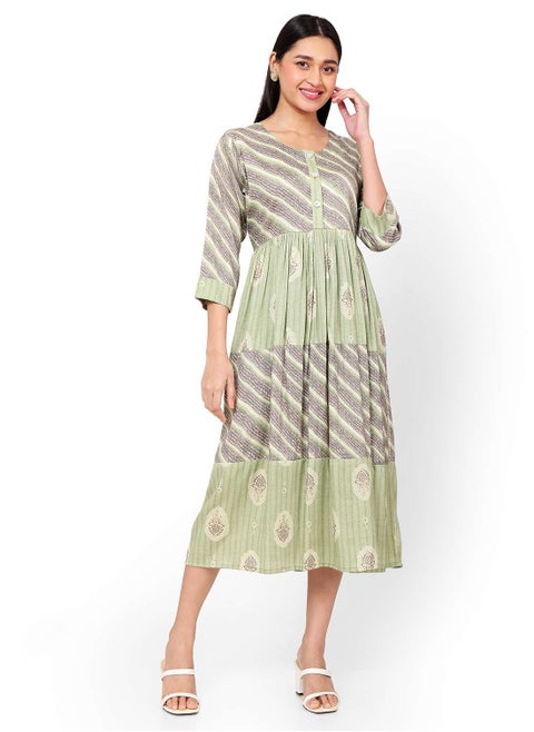 FLORAL AND STRIP PRINTED FRONT STYLED BUTTONED ARABIC KAFTAN JALABIYA DRESS