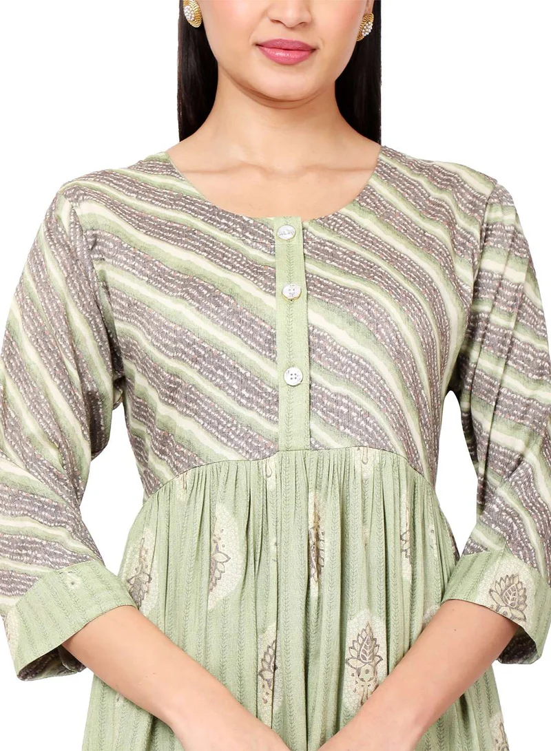 HANA & SARA FLORAL AND STRIP PRINTED FRONT STYLED BUTTONED ARABIC KAFTAN JALABIYA DRESS