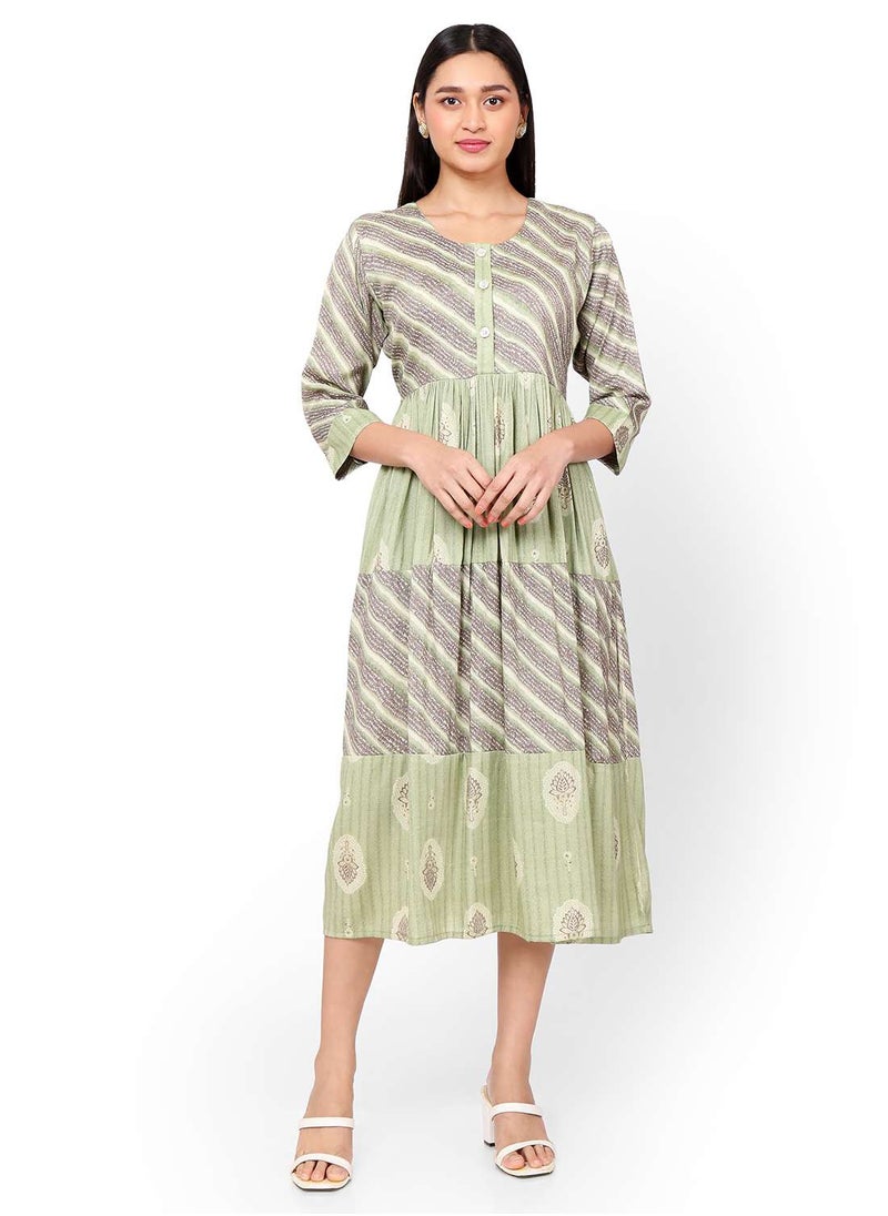 HANA & SARA - FLORAL AND STRIP PRINTED FRONT STYLED BUTTONED ARABIC KAFTAN JALABIYA DRESS - Image 1