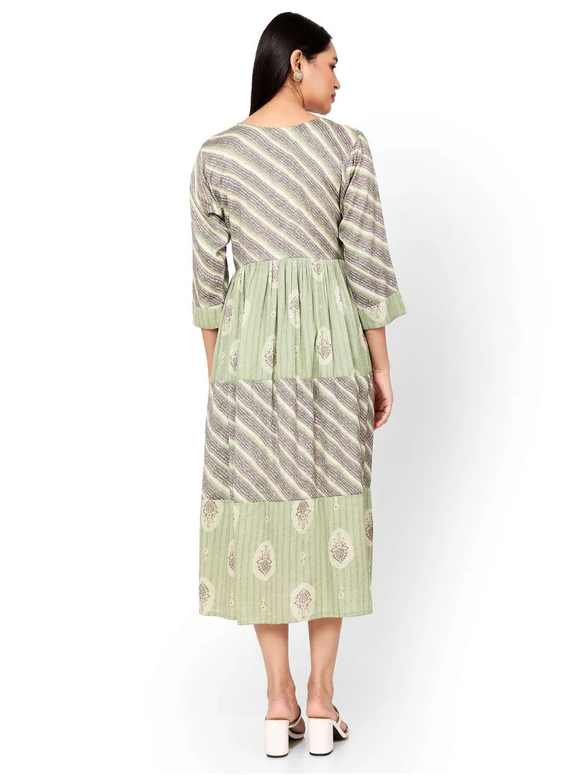 HANA & SARA FLORAL AND STRIP PRINTED FRONT STYLED BUTTONED ARABIC KAFTAN JALABIYA DRESS