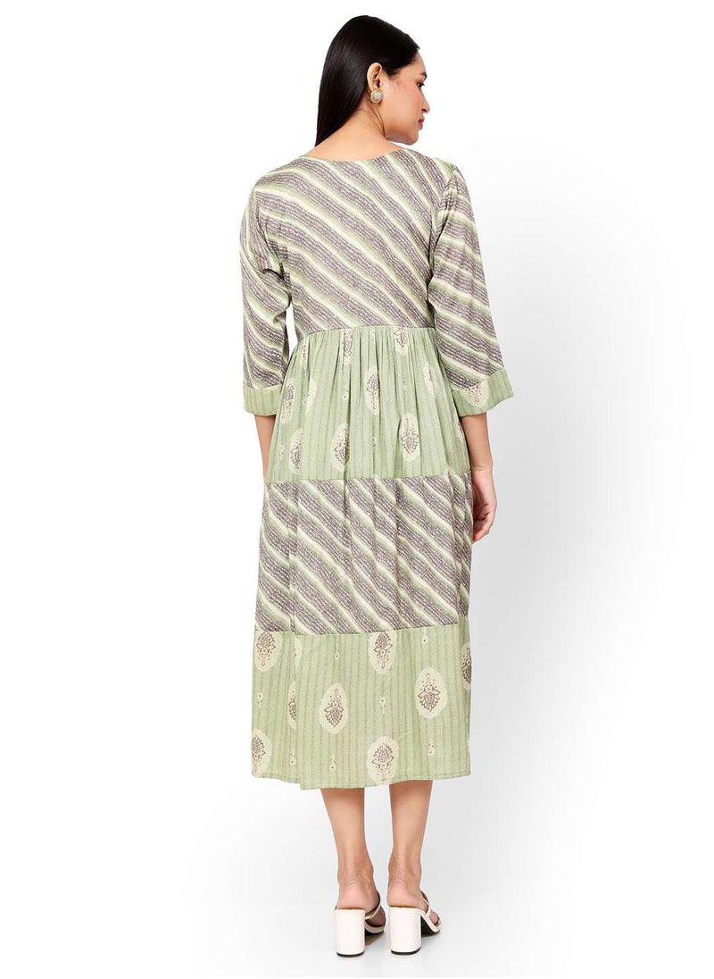 HANA & SARA - FLORAL AND STRIP PRINTED FRONT STYLED BUTTONED ARABIC KAFTAN JALABIYA DRESS - Image 1