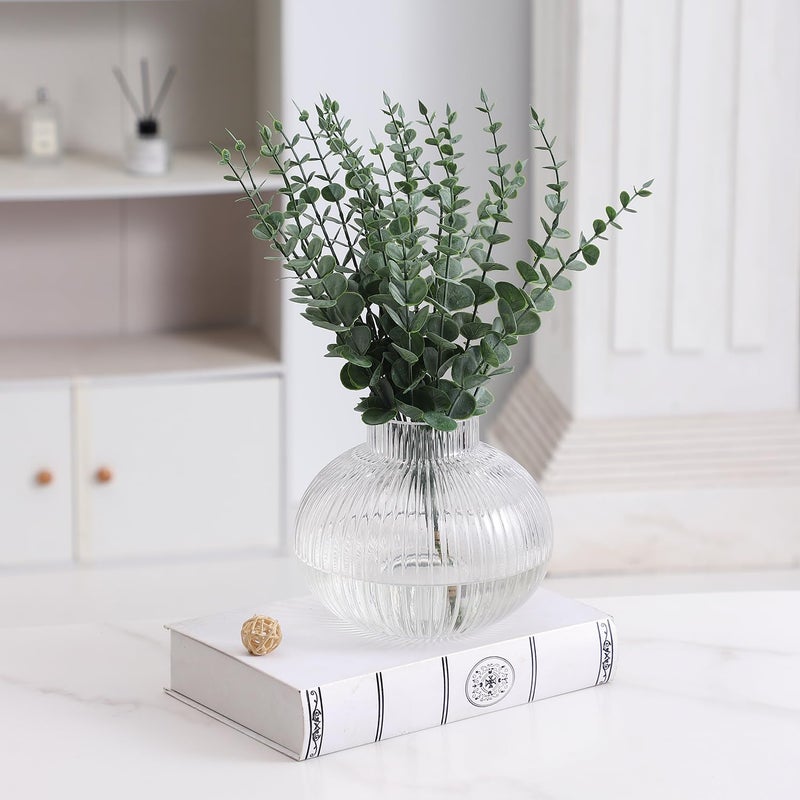 YANWE1 Round Glass Vase  Flower Vase for Bouquet  Ribbed Glass Vase  Fluted Vase  Clear Glass Vase for Tulips  Modern Glass Vase for Living Room  Office  Coffee Table  Shelf  Wedding  6 Inches - Image 2