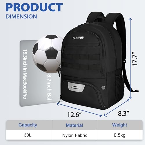 LARIPOP Soccer Backpack,Soccer Bag with Ball Holder and Shoe Compartment,Sports Equipment Training Bags Fits Basketball Football Volleyball and Accessories - Image 2