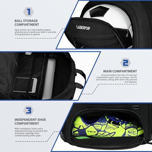 LARIPOP Soccer Backpack,Soccer Bag with Ball Holder and Shoe Compartment,Sports Equipment Training Bags Fits Basketball Football Volleyball and Accessories - Image 3