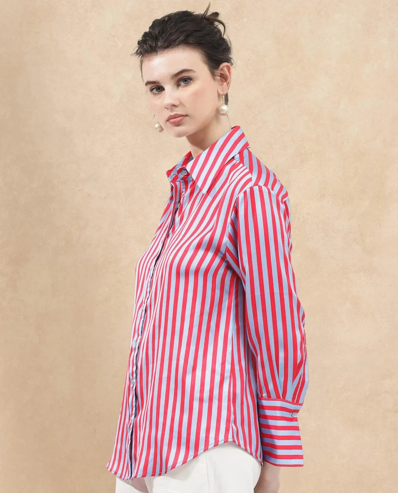 Rareism Women's Satin Stripes Full Sleeve Shirt