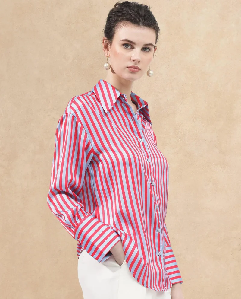 Rareism Women's Satin Stripes Full Sleeve Shirt