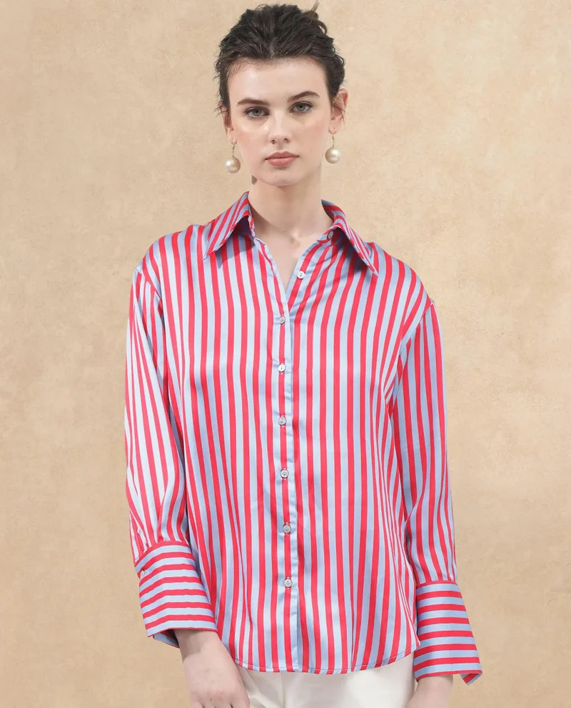 Rareism Women's Satin Stripes Full Sleeve Shirt