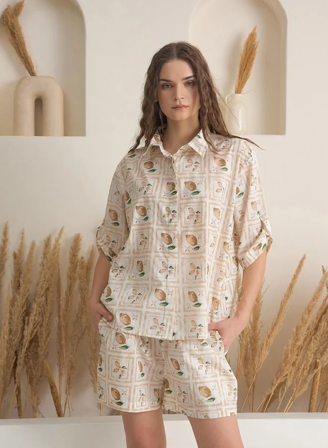 sanskrutihomes Sanskrutihomes Women Cream All-Over Print Pure Cotton Shirt and Shorts Set