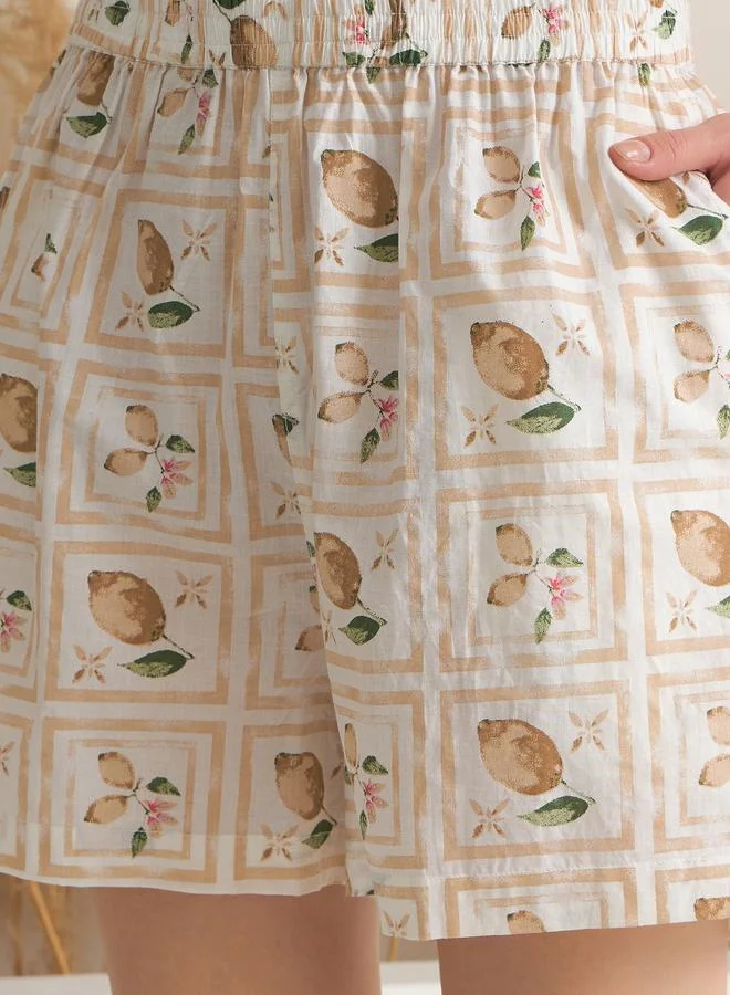 sanskrutihomes Sanskrutihomes Women Cream All-Over Print Pure Cotton Shirt and Shorts Set