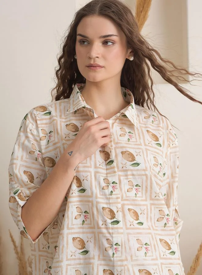 sanskrutihomes Sanskrutihomes Women Cream All-Over Print Pure Cotton Shirt and Shorts Set
